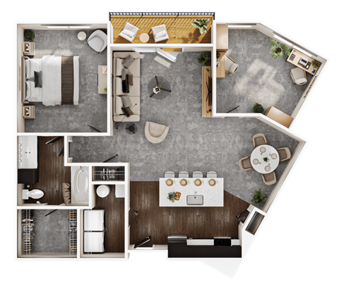 Floor plan for 1 bed, 1 bath, 1040 sqft